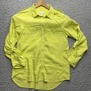 Chicos Roll Tab Sleeve Button Up Womens 1 Medium Yellow Neon Slinky Bouncy